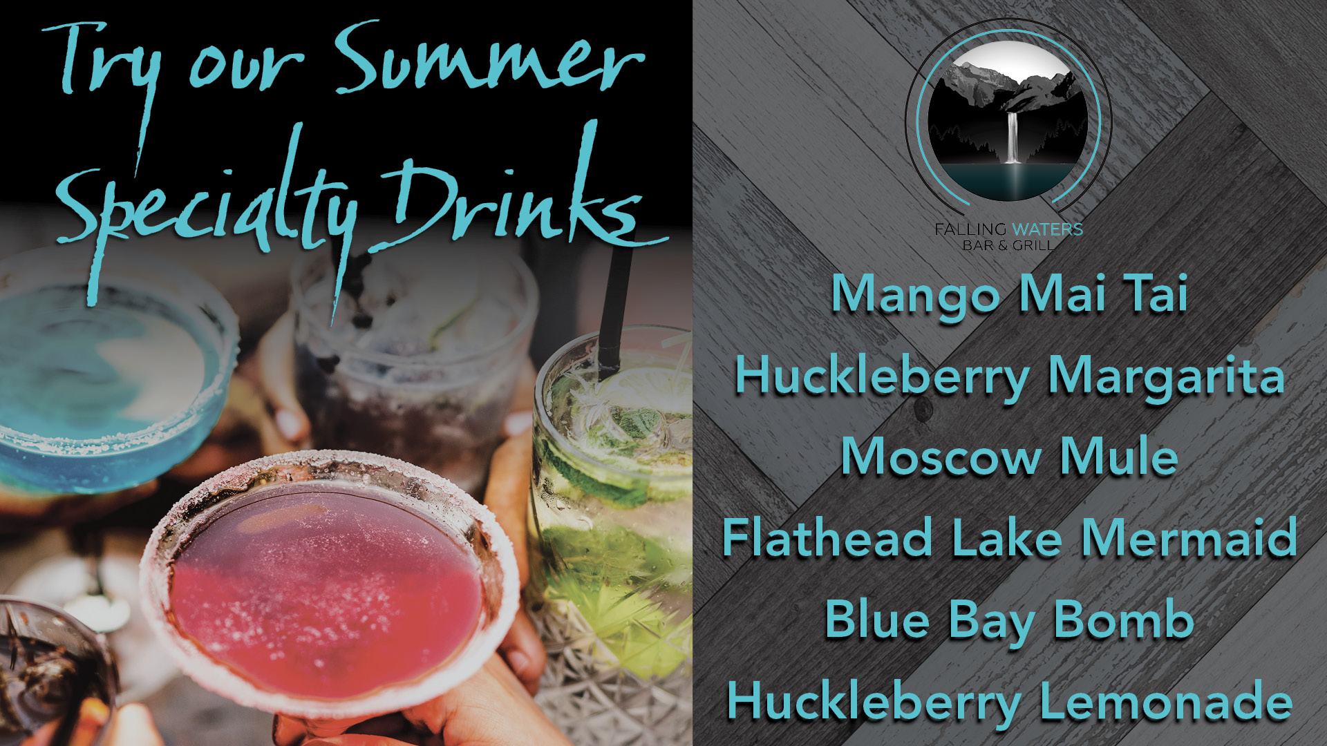 summer special, summer drinks, summer specialty drinks. falling waters drinks, kwataqnuk drink specials