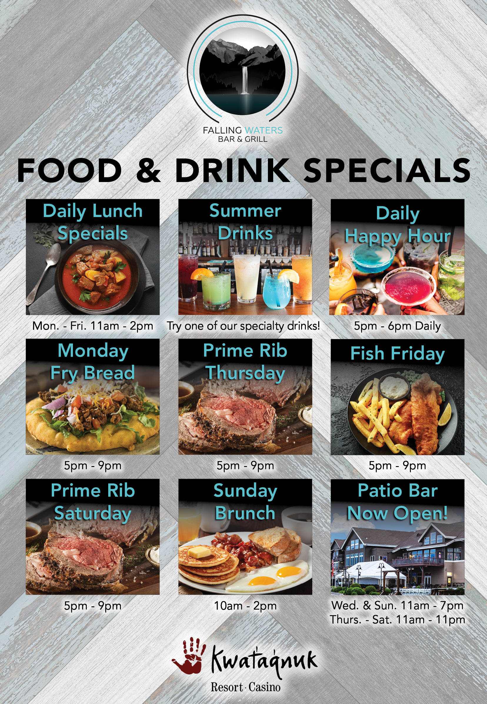 Food, drink, specials, daily specials, breakfast, lunch, dinner, happy hour, prime rib, brunch, food specials, drink specials, kids eat free