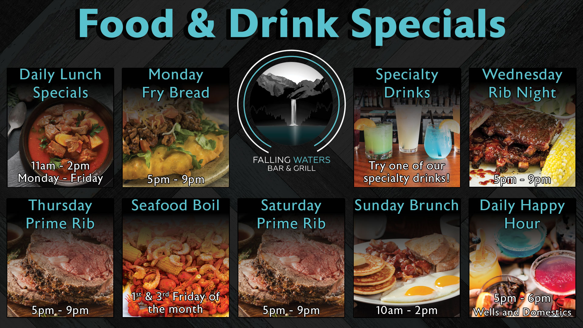 Food and drink specials, prime rib, specials, brunch, specialty drinks, frybread, seafood boil, seafood, daily specials