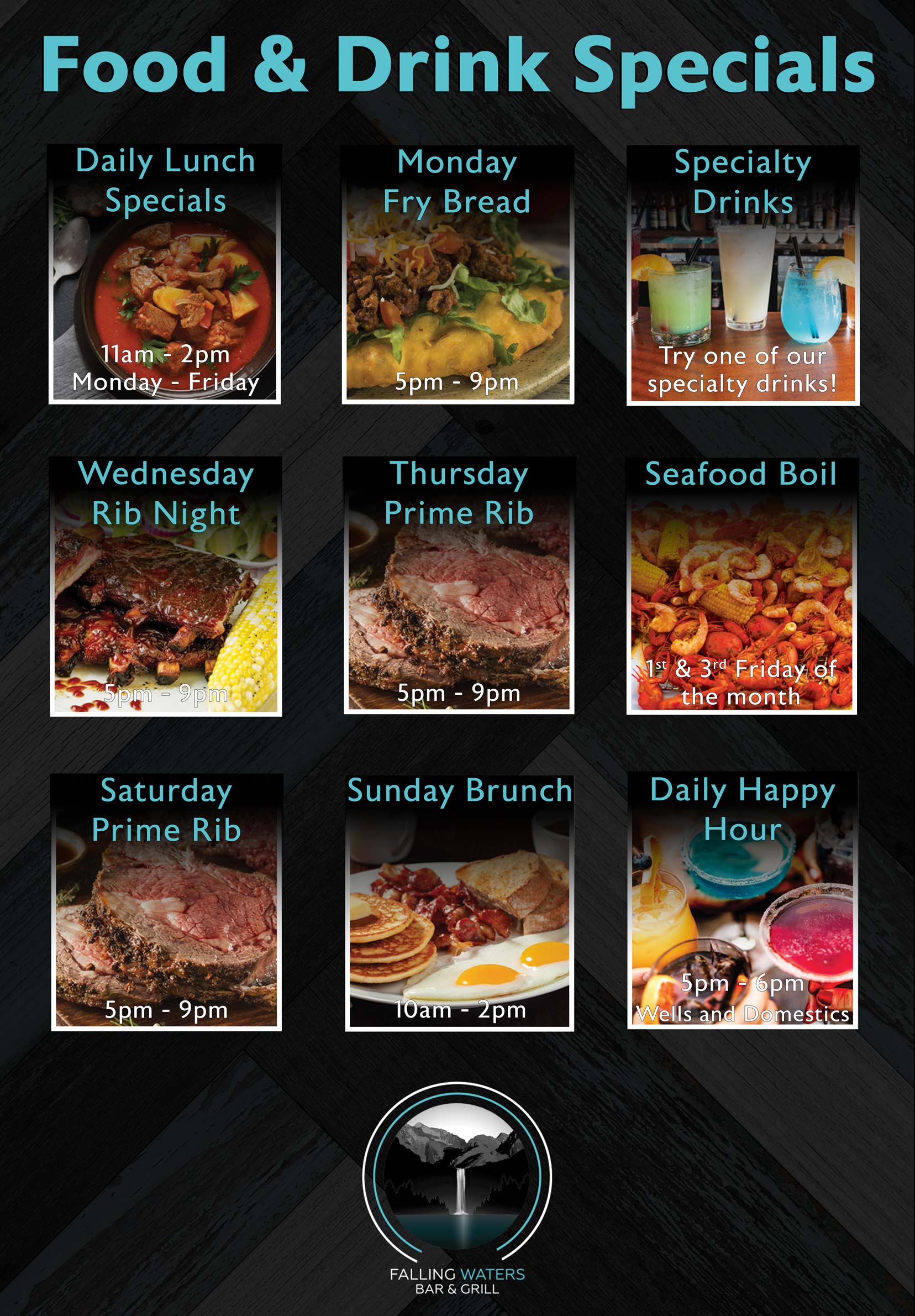 Food and drink specials, prime rib, specials, brunch, specialty drinks, frybread, seafood boil, seafood, daily specials