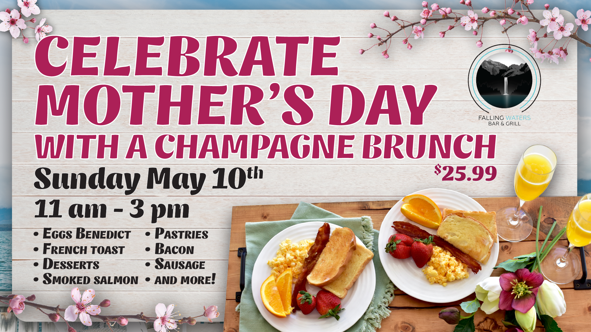 Mothers Day, Mothers Day brunch, Mothers Day package, Mothers Day specials, brunch, specials, package, Falling Waters, dining, flathead lake, flathead lake dining, Polson events